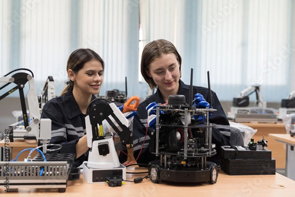 Obraz Assembling Robotics Arm. Robotics training, setup, installation AI robot and learning. Engineer test programmable logic controller with AI robot training kit and mechatronics engineering in workshop