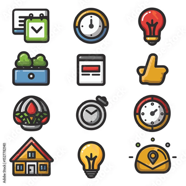 Fototapeta Colorful Business and Productivity Icons Set – Flat Vector Design with Home, Timer, Light Bulb, and UI Elements