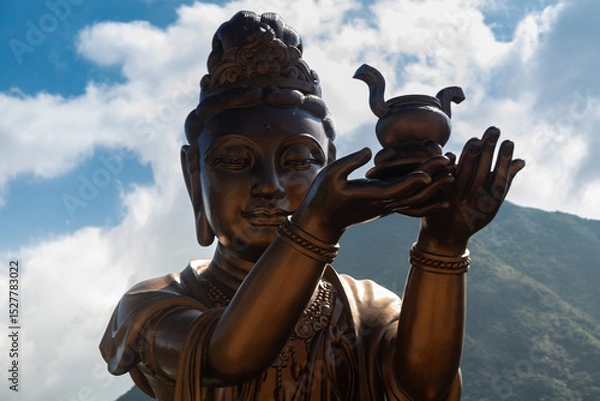 Fototapeta Lantau Island, Hong Kong 10-20-2024 The amazing bronze statue of Tian Tan Buddha or Big Buddha in the village of Ngong Ping, which is one of Hong Kong most popular tourist attractions at Lantau Island
