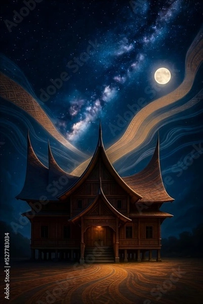 Obraz Rumah Gadang (Traditional House from West Sumatera) Under a Galactic Roof with Minang Woven Light Path.