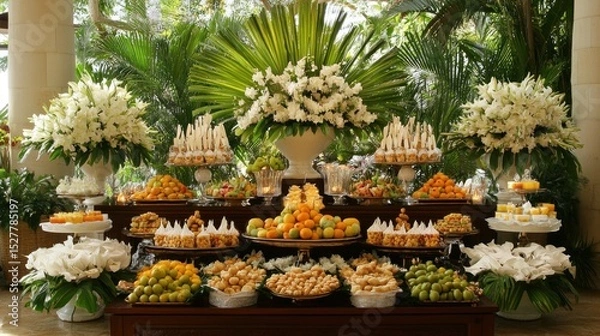 Fototapeta Elegant dessert buffet. Lush floral arrangements complement a lavish spread of sweet treats, fruits, and pastries