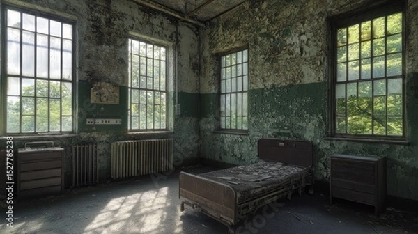 Fototapeta Abandoned hospital room bathed in sunlight.  Faded paint, peeling walls, and an aged metal bed frame occupy the space. Sunlight streams through large windows