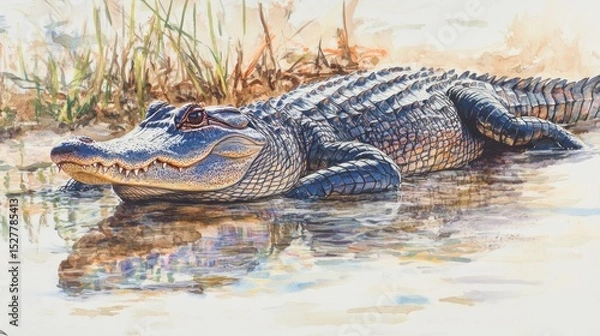Fototapeta A majestic alligator basks in the marsh