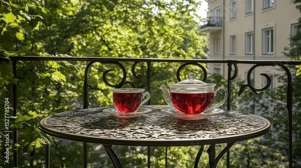 Fototapeta Two cups of reddish tea on a balcony table, outdoor setting