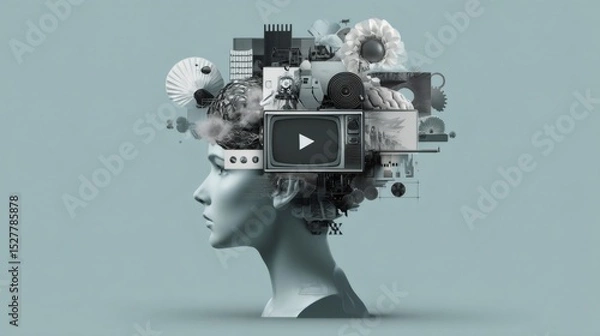 Obraz Surreal collage art representing how video influences mind and thoughts, with vintage tv and play symbol