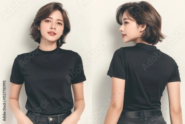 Obraz Front and rear view of an asian model wearing a black t-shirt and jeans, useful for mockups