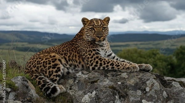 Fototapeta Majestic leopard resting atop a rocky outcrop, overlooking a landscape of rolling hills and lush greenery