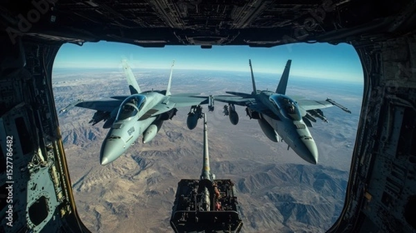 Fototapeta Two fighter jets in flight, seen from inside a larger aircraft, over a desert landscape