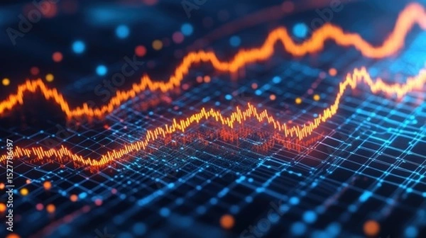 Fototapeta Dynamic financial data visualization.  Intricate network of interconnected data points forming a fluctuating graph.  Vibrant colors represent market trends