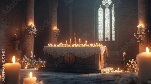 Fototapeta A sacred space, illuminated by candlelight, within a medieval chapel.  Floral arrangements and numerous candles create a serene ambiance