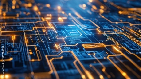 Fototapeta Abstract circuit board design, glowing pathways