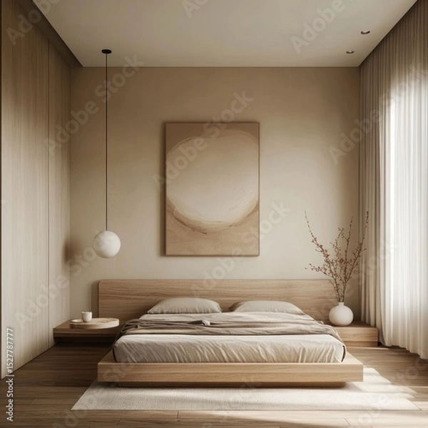 Fototapeta Minimalist bedroom in warm tones