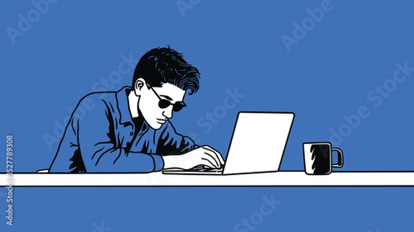 Fototapeta Minimalist Vector Illustration of Man Working on Laptop with Coffee Mug – Focused Remote Work Concept