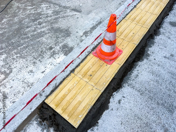 Obraz Road construction site with pylons in the center of the old town