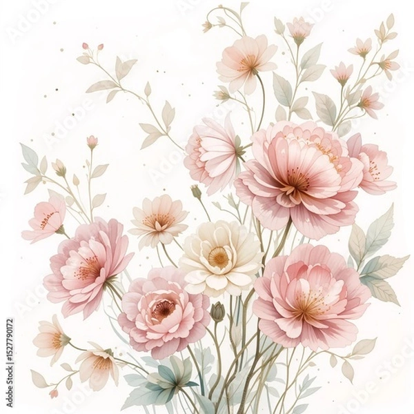 Obraz Delicate watercolor floral arrangement showcasing soft pink and white blooms with graceful green leaves on an elegant light background