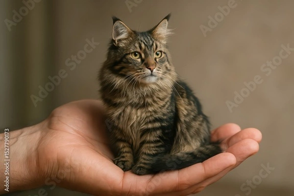 Fototapeta open hand  and there is a tabby cat on it, 
animal concept of love for all animals, protection of animals and spirituality and friendship of animals