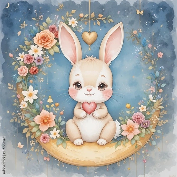 Obraz Cute bunny sitting on a moon surrounded by flowers, showcasing love and joy in a whimsical setting