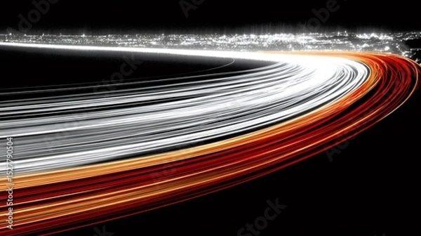 Obraz Vibrant light trails curving against dark backdrop, revealing silhouetted urban landscape glowing with nighttime energy