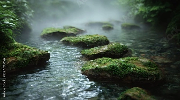 Obraz Clean water gently flowing between mossy rocks in a misty rainforest, creating a peaceful and natural atmosphere