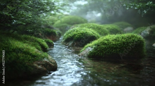 Obraz Crystal-clear water flows gently over moss-covered rocks in a serene forest setting, creating a tranquil atmosphere