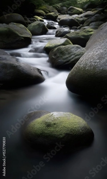 Obraz Smooth river water cascading over moss-covered rocks, revealing serene landscape through long exposure photography technique