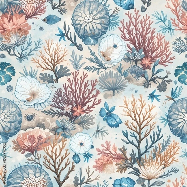 Obraz Colorful underwater scene featuring various corals, sea plants, and marine life in delicate pastel shades