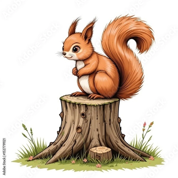 Obraz Cute red squirrel sits on a tree stump in a forest surrounded by grass and wildflowers