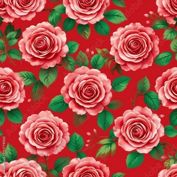 Obraz Red roses with lush green leaves create a vibrant floral pattern perfect for textiles and decor