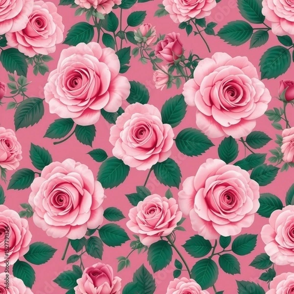 Obraz Pattern of vivid pink roses and green leaves on a soft pink background creating a vibrant and elegant floral design