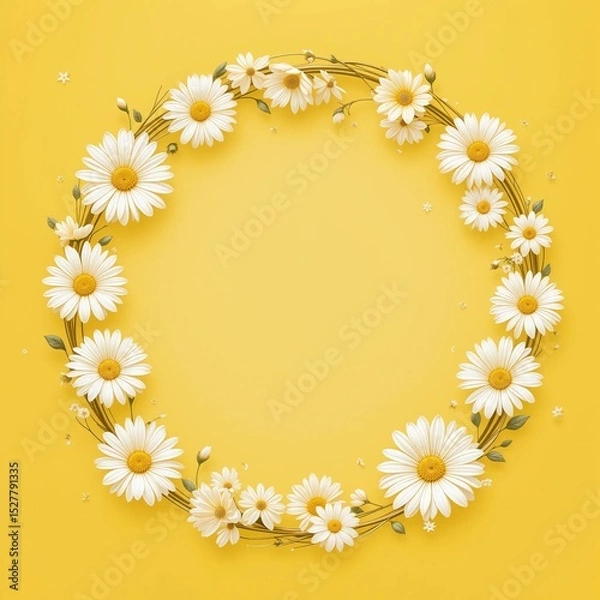 Obraz Bright yellow backdrop adorned with a circular arrangement of white daisies creating a cheerful and vibrant atmosphere