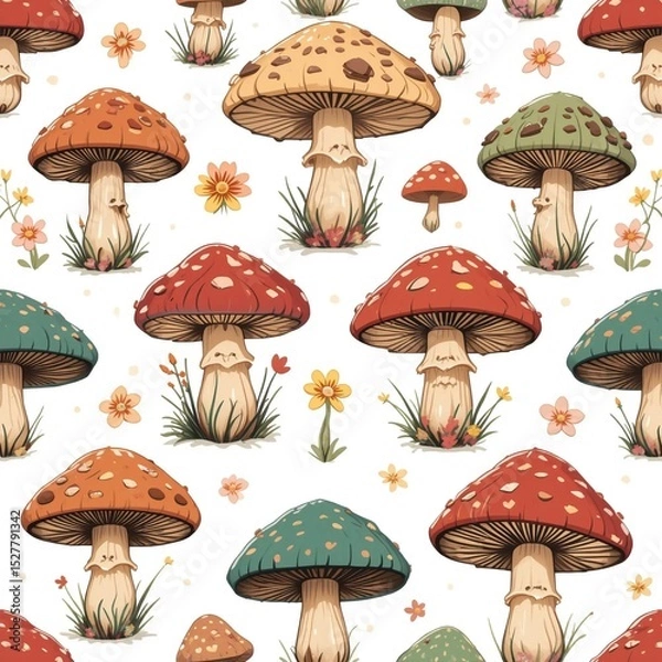 Obraz Colorful mushroom pattern featuring various shapes and sizes surrounded by flowers and grass in a whimsical design