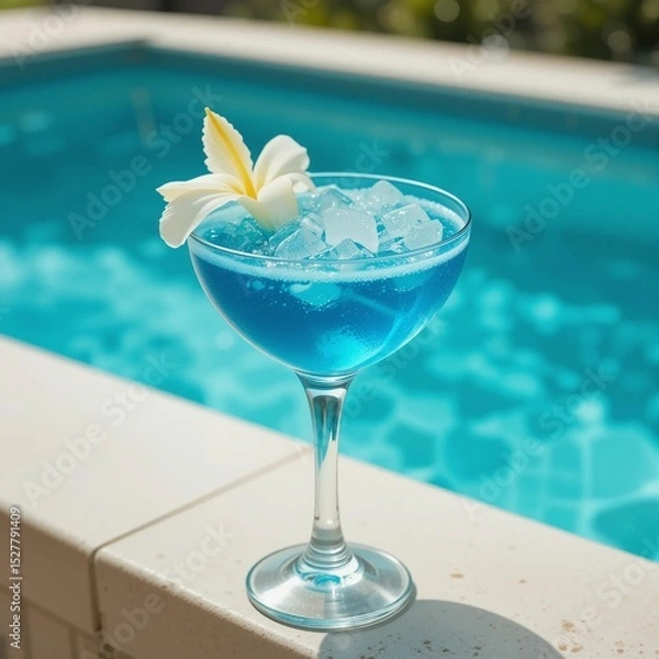 Obraz Refreshing blue cocktail garnished with a flower beside a shimmering pool in sunny weather