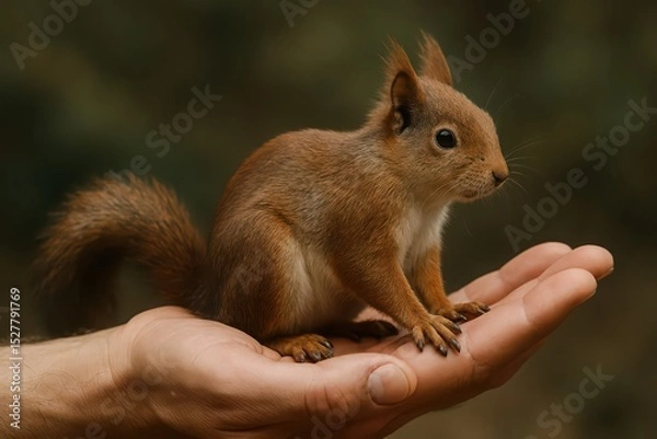 Fototapeta open hand  and there is squirrel 
animal concept of love for all animals, protection of animals and spirituality and friendship of animals