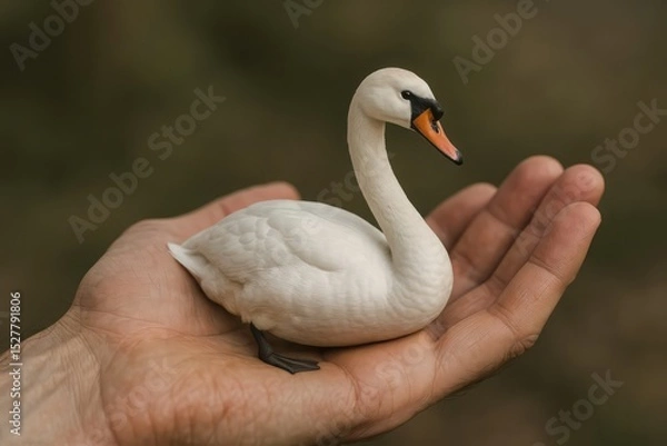 Fototapeta open hand  and there is white swan on it,
animal concept of love for all animals, protection of animals and spirituality and friendship of animals