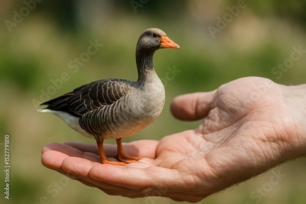 Fototapeta open hand  and there is wild goose on it, 
animal concept of love for all animals, protection of animals and spirituality and friendship of animals
