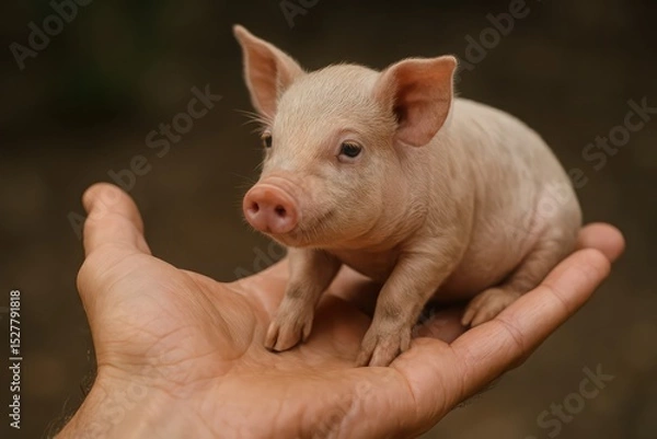 Fototapeta open hand  and there is animal pig on it, 
animal concept of love for all animals, protection of animals and spirituality and friendship of animals