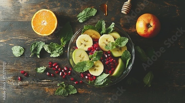 Fototapeta Fresh fruit salad with apple, banana, pomegranate, and mint