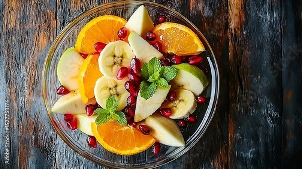 Fototapeta Fresh fruit salad with apple, banana, orange, and pomegranate