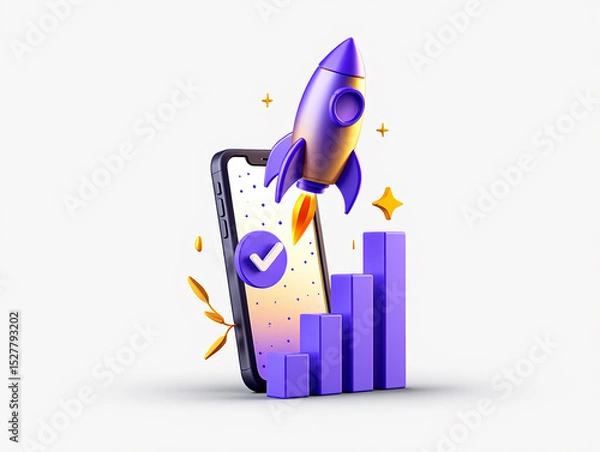 Fototapeta Mobile App Startup Success Rocket Launch Growth Chart