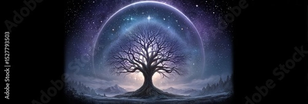 Fototapeta Atop a sandy path, a glowing tree radiates divine presence, its light-leaves and sky-reaching limbs rich with symbolism.  