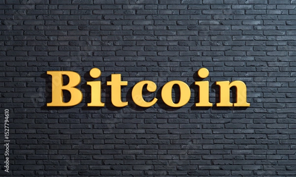 Fototapeta Bitcoin, crypto currency, golden letters against a brickwall. Blockchain, big data, digital currency,  investment. 3D illustration