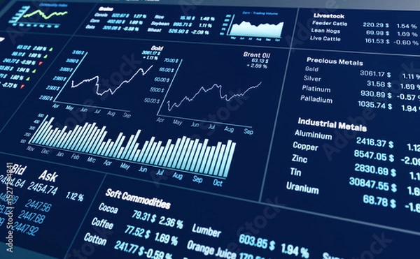 Fototapeta Trading screen, commodity, gold and oil price moving up. Chart, market data, industrtial metals, soft commodities, gas price, business, investment. 3D illustration