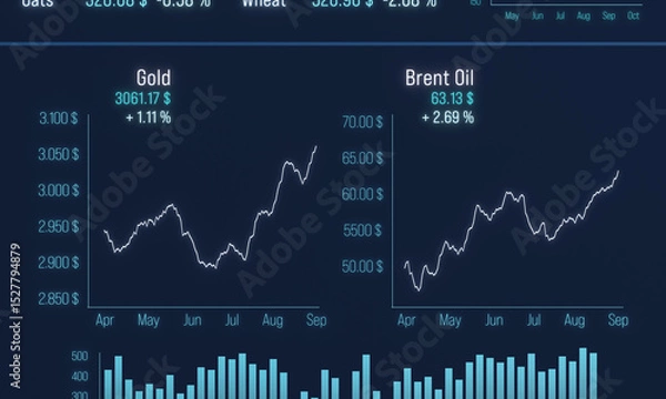 Fototapeta Trading screen, commodity, gold and Brent crude oil chart moving up. Market data, industrtial metals, soft commodities, gas price, business, investment. 3D illustration