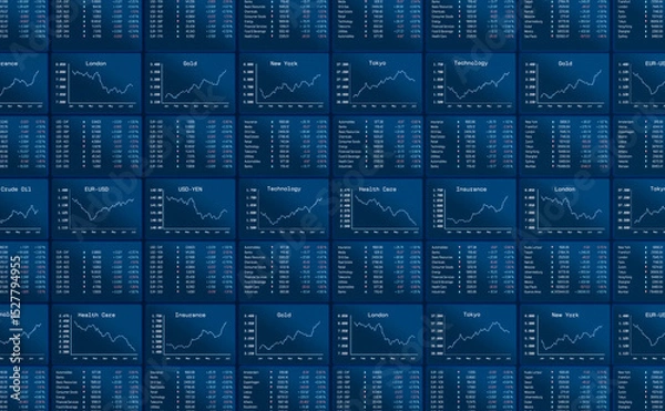 Fototapeta Trading screen, stock market, stock index data, commodities, currency exchange rates. Charts and spreadsheets with market information, business, analyzing, financial figures. 3D illustration