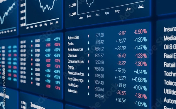 Fototapeta Close up stock market and exchange industrial sector data on the screen, background in defocus. Business, charts, information, data, analyzing, financial figures. 3D illustration