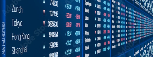Fototapeta Zurich, Tokyo, Hong Kong, Shanghai stock market information, close-up index data. Trading screen, exchange, investment information, analyzing, financial markets. 3D illustration