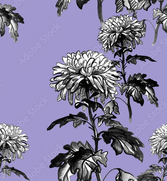Fototapeta Floral seamless pattern with flying silhouettes of flowers chrysanthemum isolated flowers and leaves on violet background. Raster floral rapport for wallpaper, bedding, textile, fabric, package.