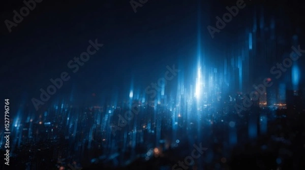 Obraz Blue gradient background displaying stock market data, futuristic cityscape and financial district at night