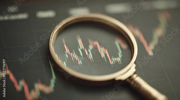 Obraz Magnifying glass closely examining candlestick chart, revealing stock market trends and financial analysis insights