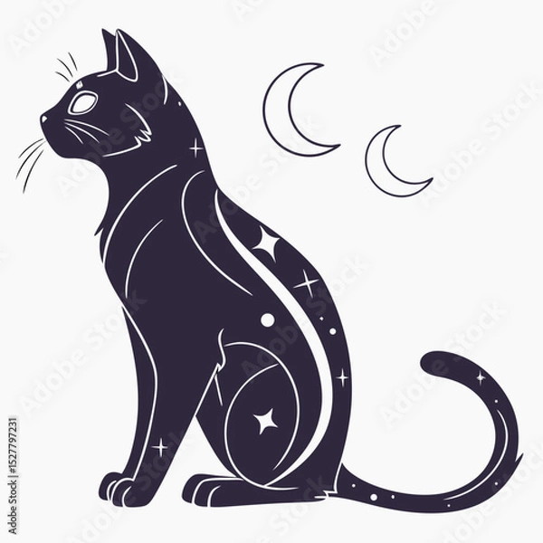 Fototapeta Stylized Cat Silhouette with Crescent Moon Elements
